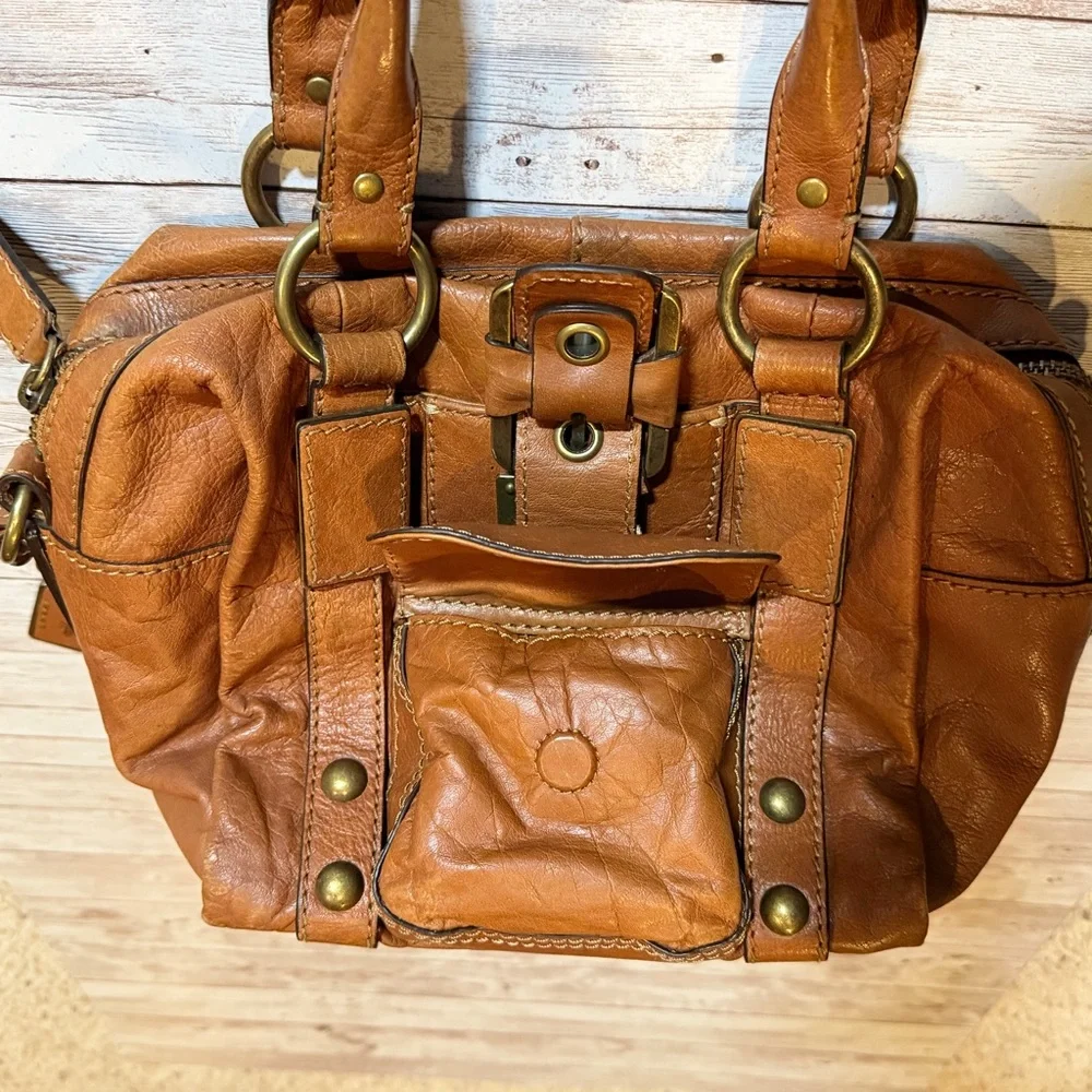 Frye Tan Leather Satchel with Studded Detail